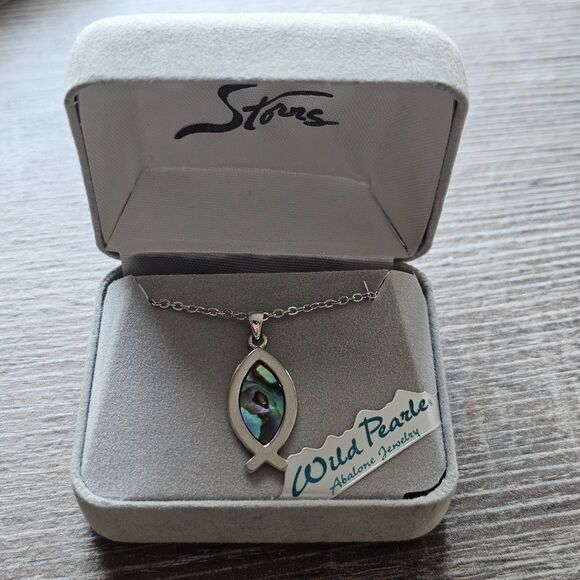 Wild Pearle Abalone Fish Pendant Necklace Ichthys Symbol Silver Tone in Stovrs - Picture 2 of 4